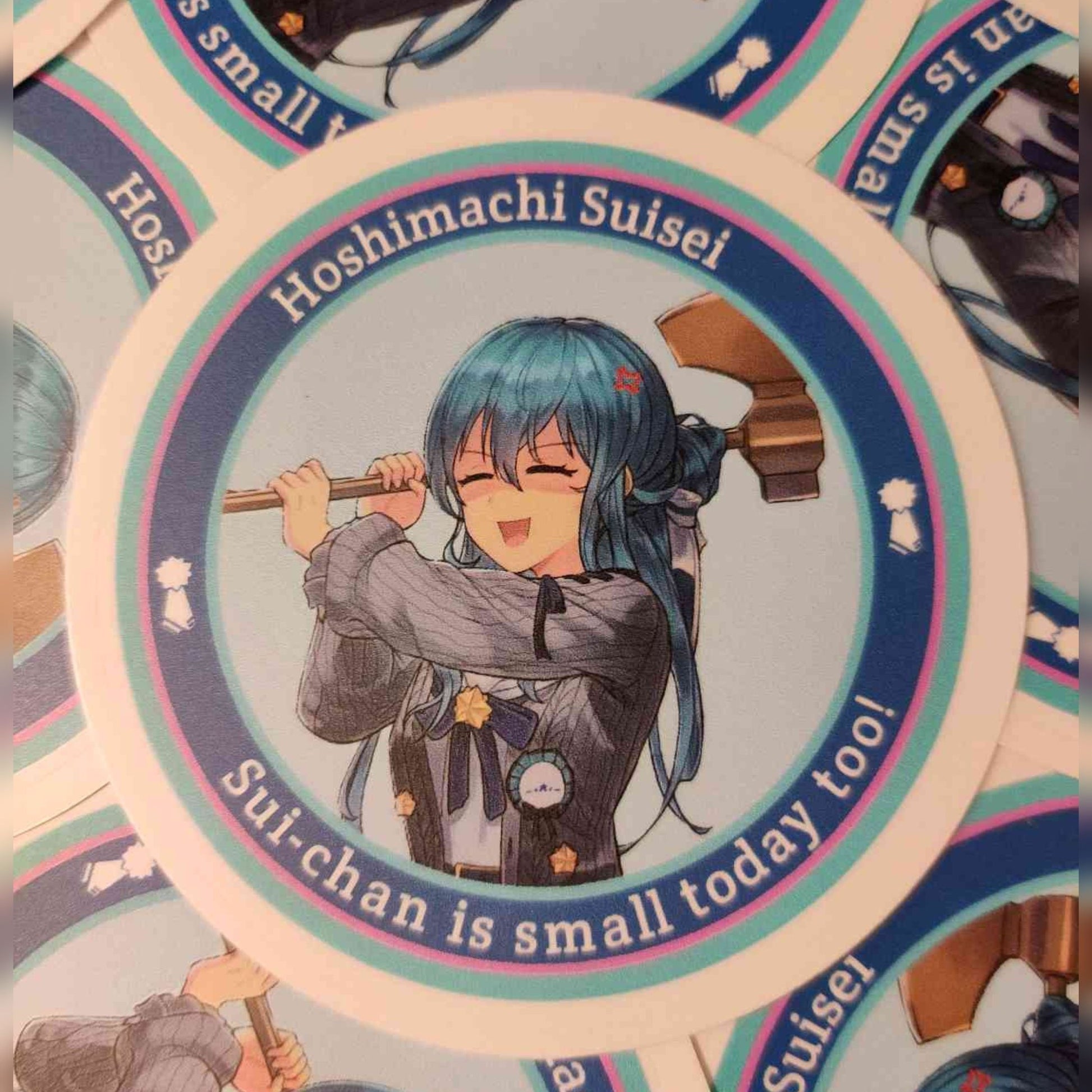 Featuring a custom sticker of Suisei Hoshimachi from Hololive. Popular meme of Suisei swinging her Axe when anyone called her small.