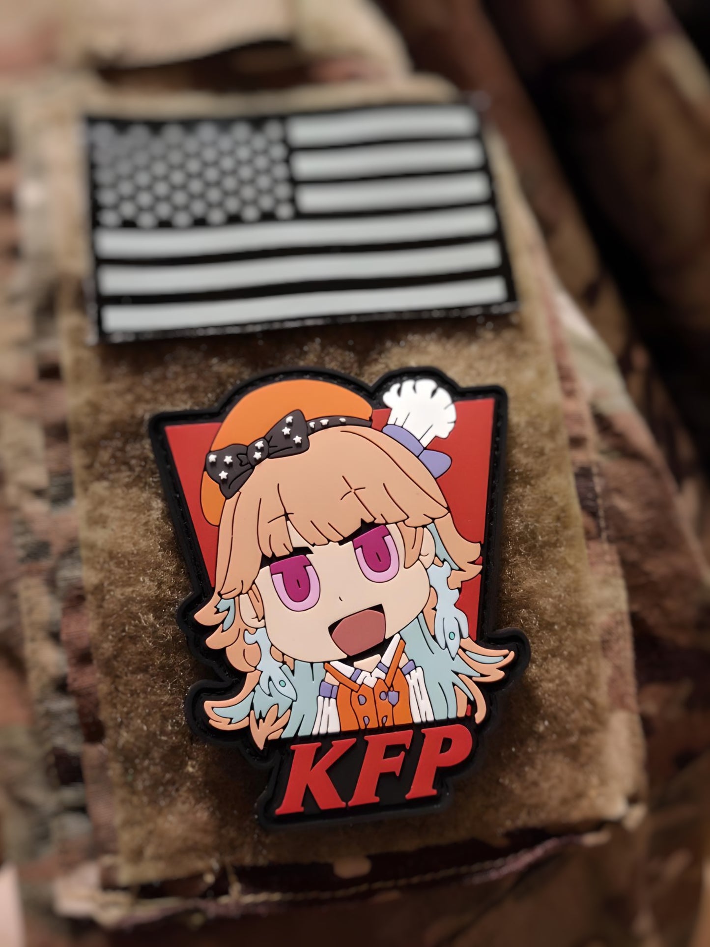 Custom Hololive patch featuring Kiara Takanashi with KFP fried phoenix design